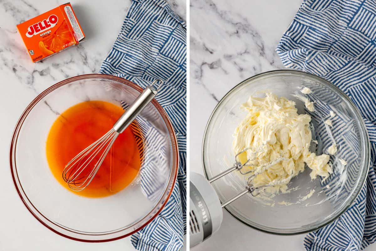 dissolving a jello in a mixing bowl and beated cream cheese on the other bowl