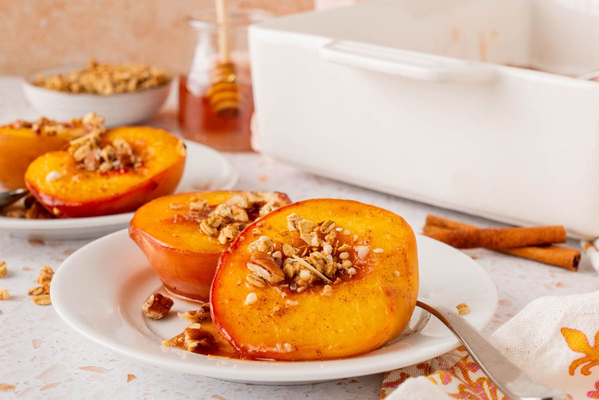 two servings of Honey Roasted Peaches (Oven Baked Peaches)