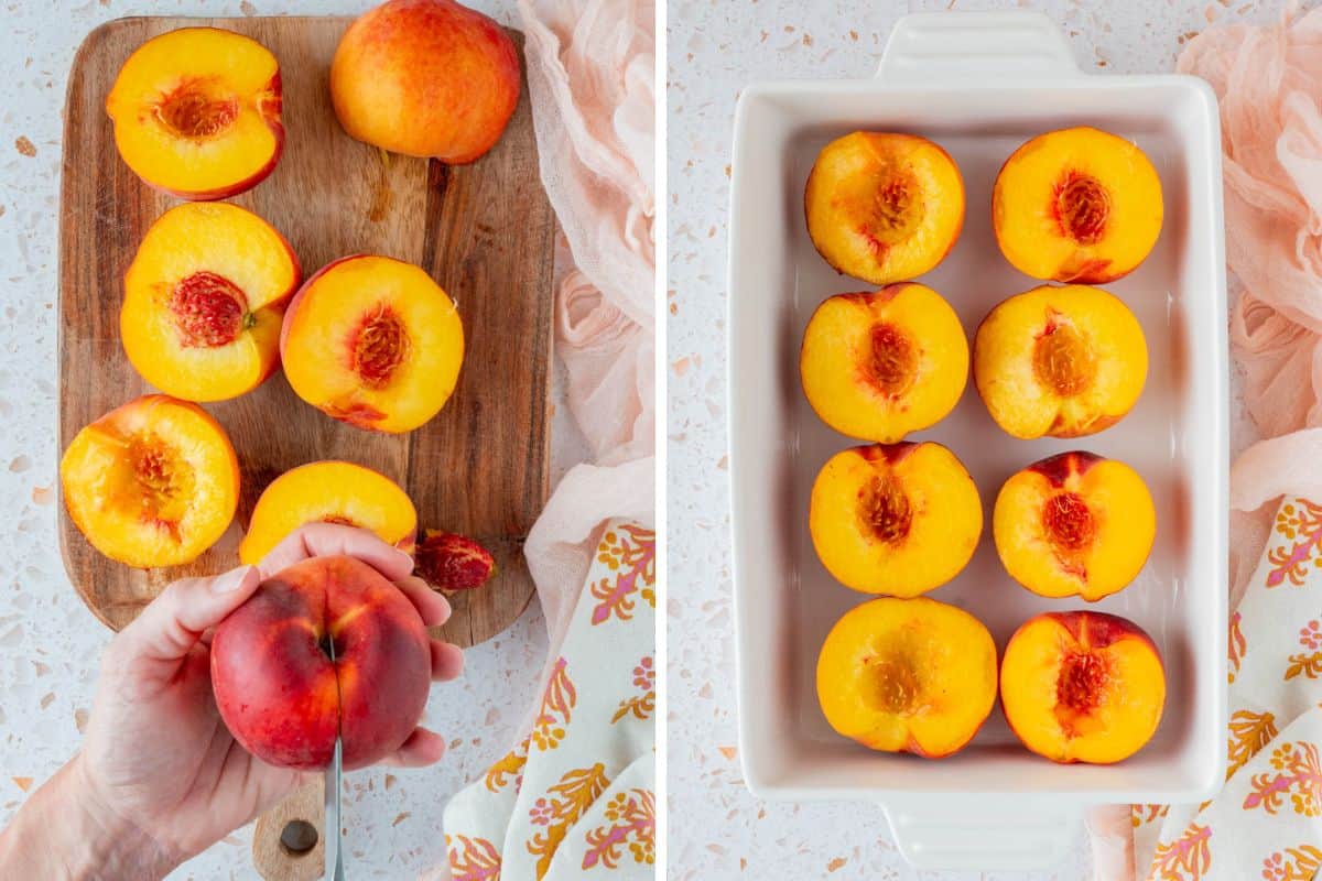 sliced peaches on the chopping board and a peaches being sliced and a baking dish with arrange sliced peaches on it.