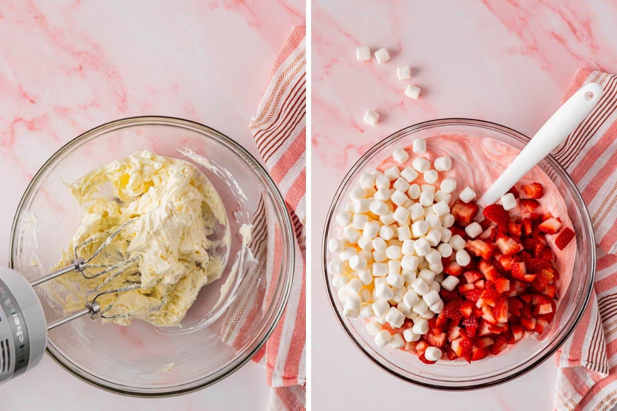 beated cream cheese and on the otherside, ingredients mix in a bowl