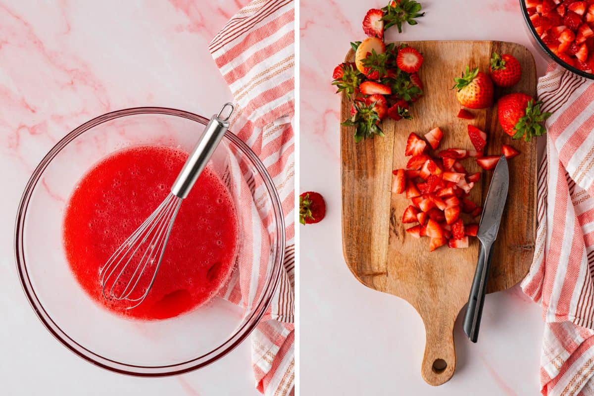 jello being dissolve on a mixing bowl and on the other side a wooden chopping board and knife and sliced fresh strawberries