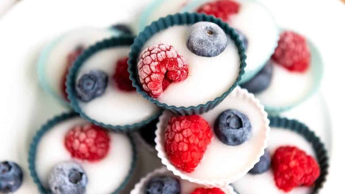 A couple of pieces of Berry Frozen Yogurt Bites.