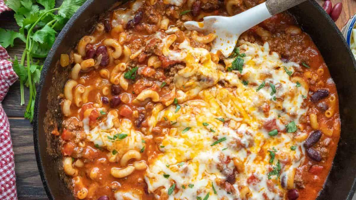 Chili Macaroni Casserole in a pot. 