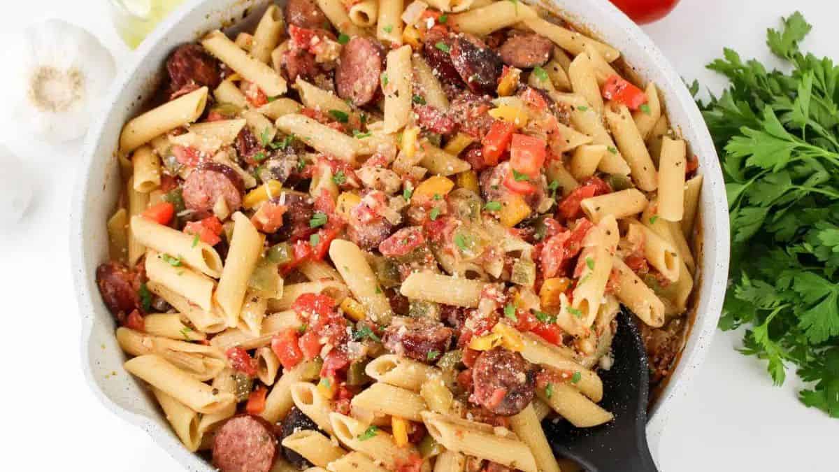 Easy Smoked Sausage and Pasta in a serving bowl. 