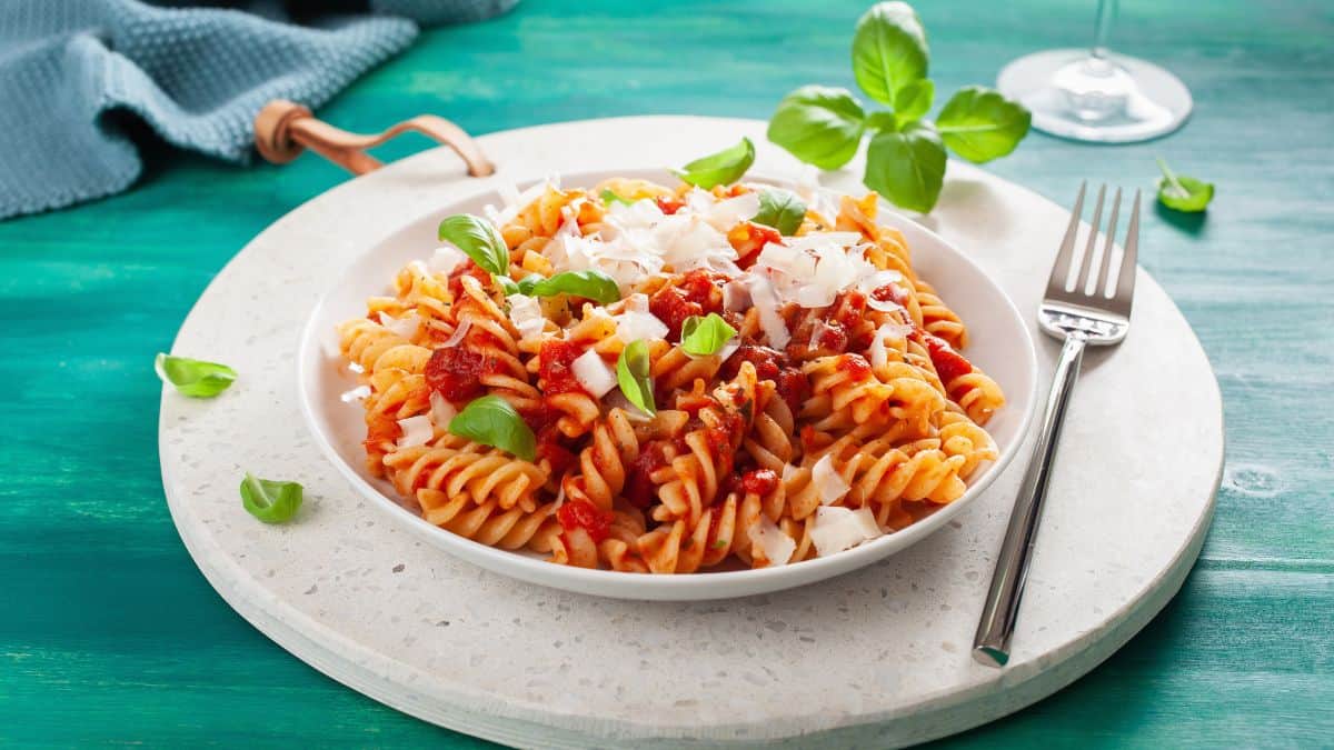 Fusilli pasta with red sauce