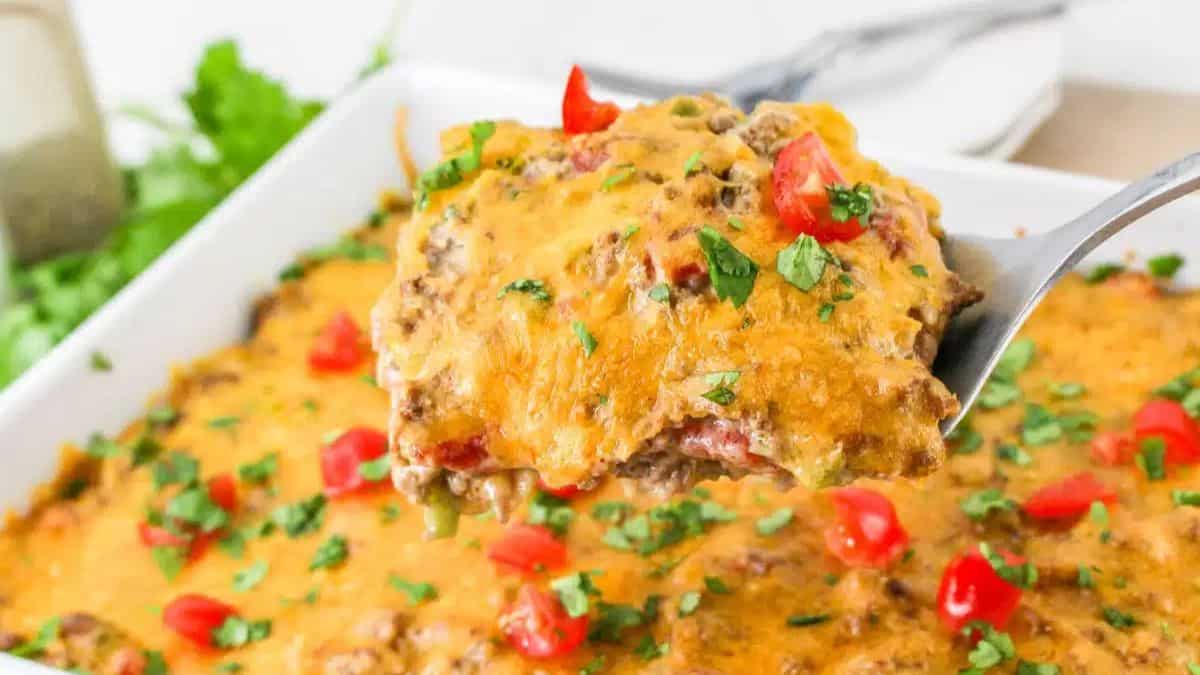King Ranch Casserole With Beef on a baking dish. 