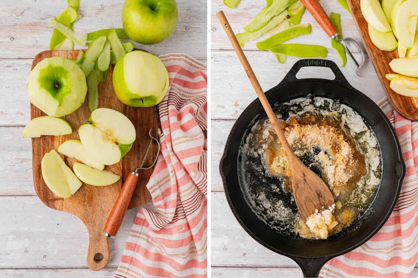 peeled green apples on a chopping board and butter and sugar on a skillet