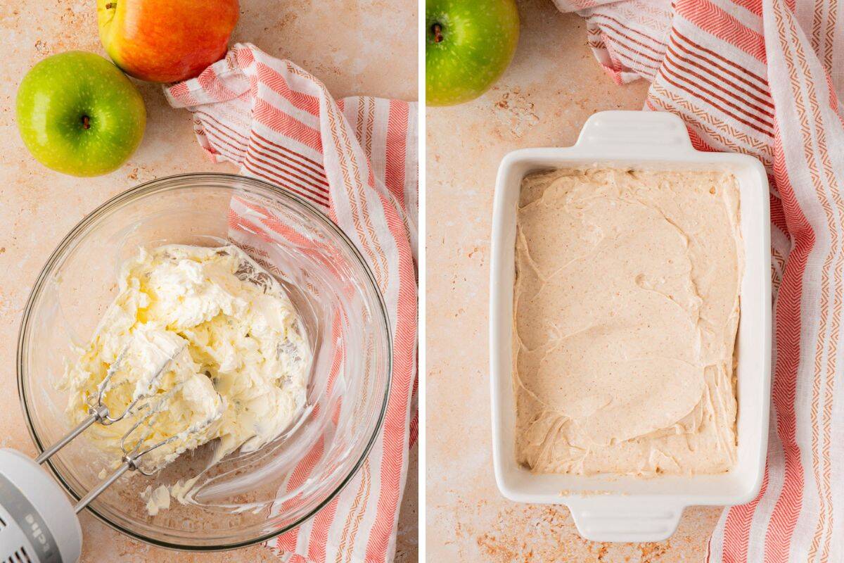beated softend cream cheese. A casserole with chream cheese mixture.