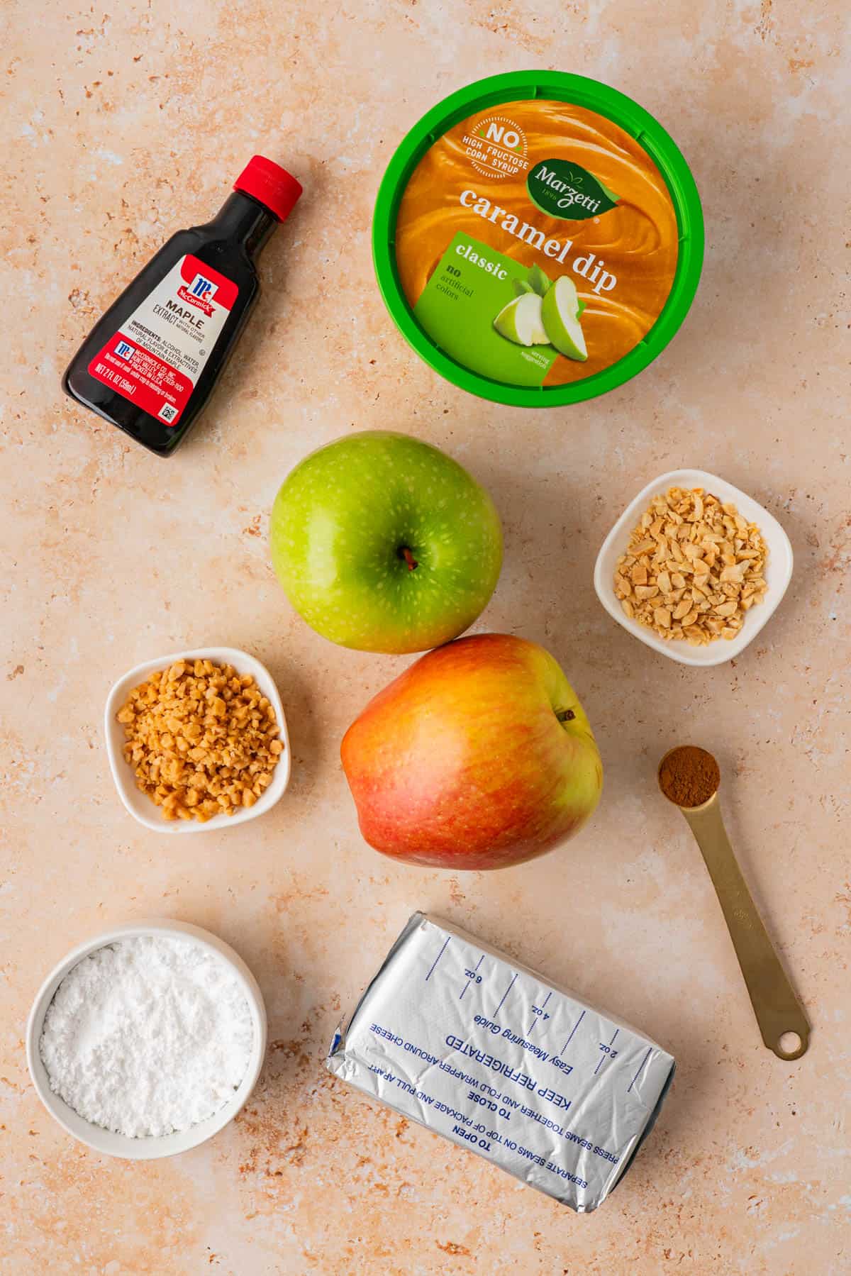 The ingredients needed to make a caramel apple cream cheese dip