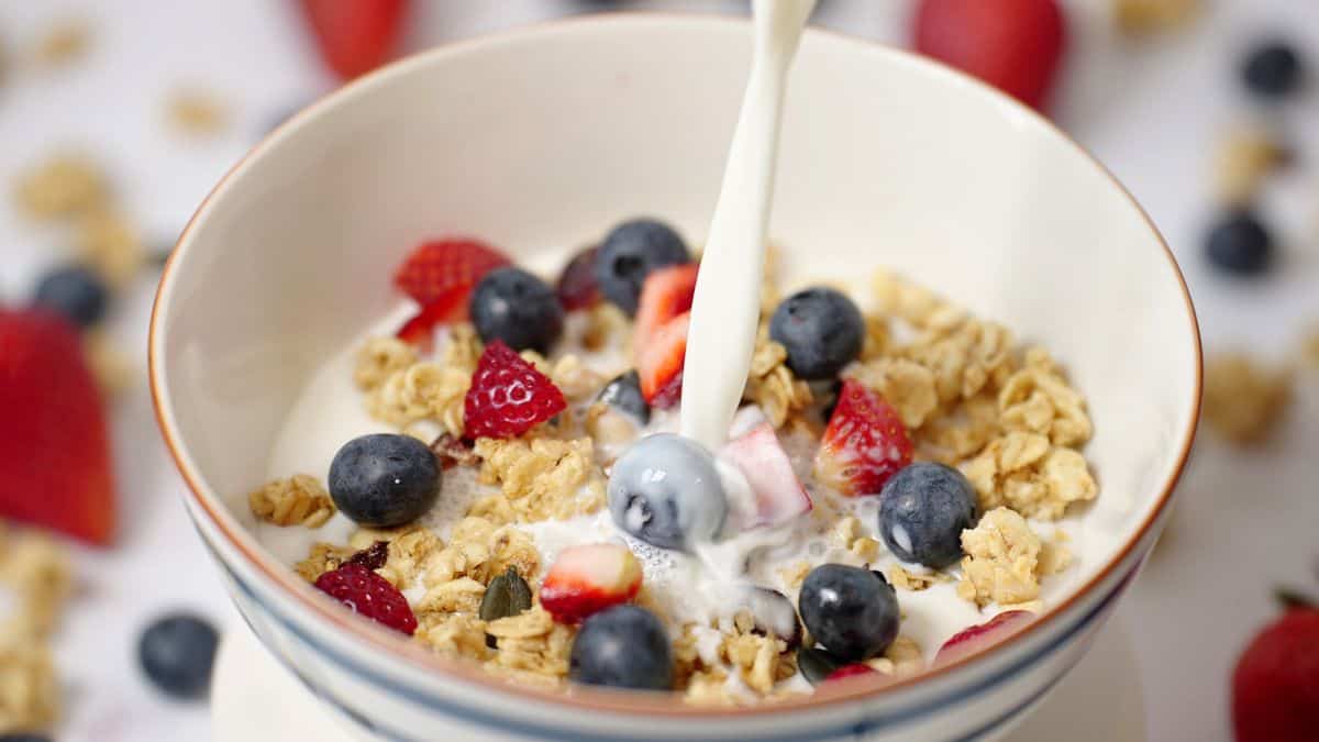cereal with milk and fruit