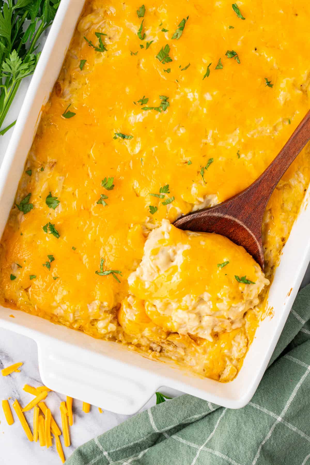 A close up shot of Cheesy Chicken and Rice Casserole.