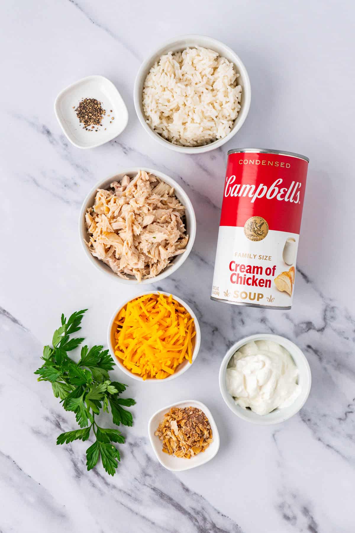 Ingredients for Cheesy Chicken and Rice Casserole: Campbells Cream of Chicken, Cooked Rice, Spices, Shredded Chicken, Parsley, Cheese, Sour Cream, Onion Soup Mix 