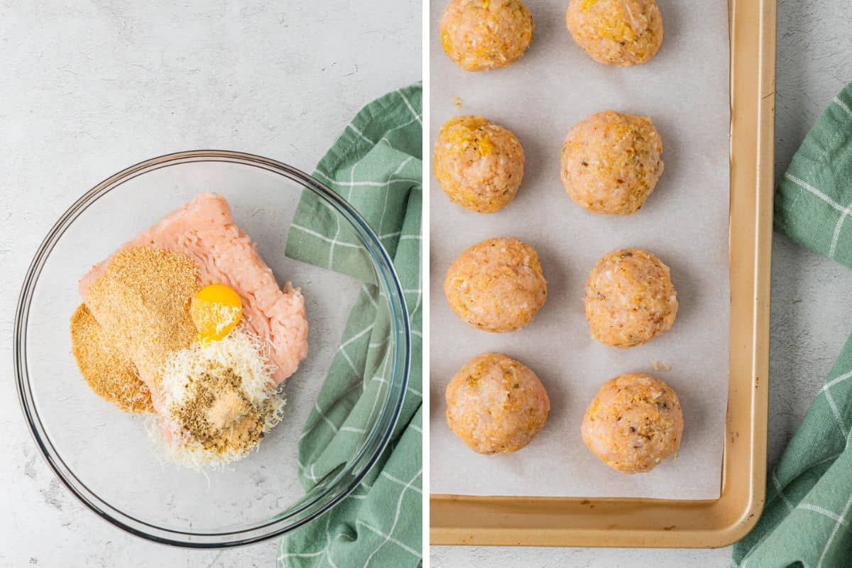 Photo Collage. Left: Clear bowl with ground chicken , egg, panko, spices, parmesan cheese. Right: Chicken Parmesan Balls in a baking tray.