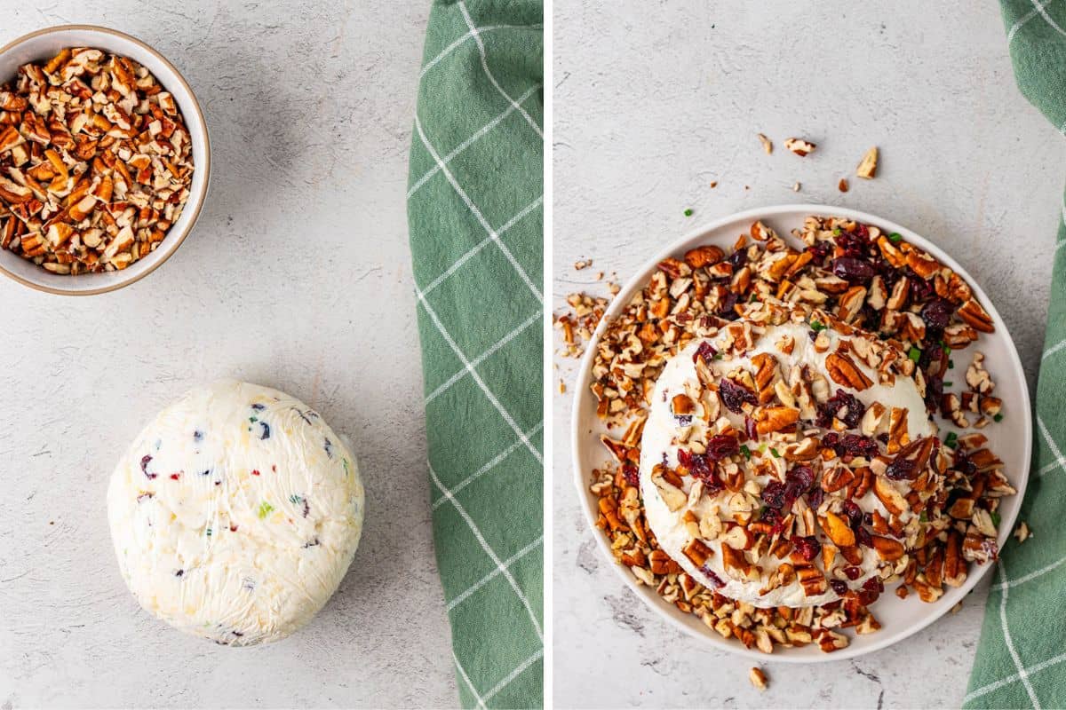 Perfectly shaped cream cheese ball and a bowl of nuts. Plate with nuts coating the cream cheese ball.