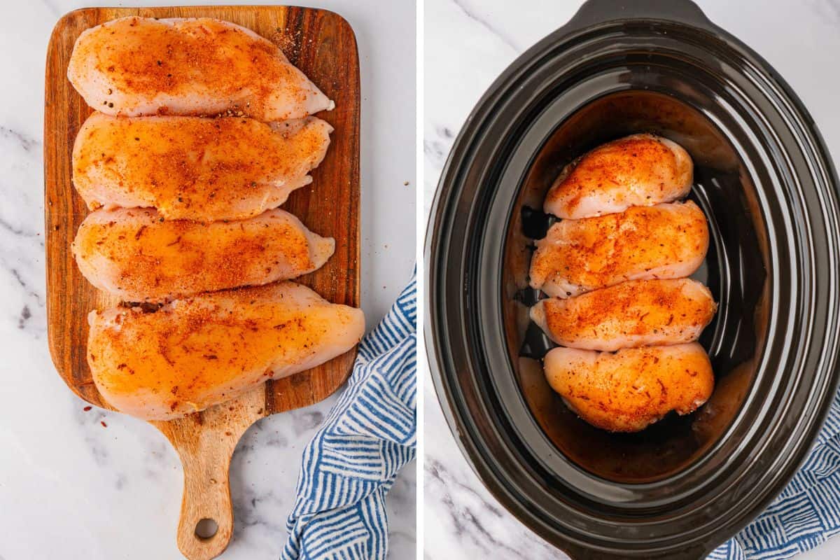 Collage of photos: Left: Four pieces of chicken breasts with spices resting on a wooden board. Right: raw chicken breasts in a crockpot.
