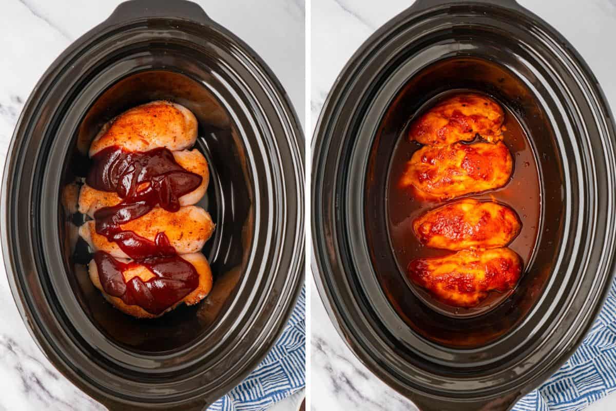 Collage of photos: Left: Raw chicken in crockpot with BBQ Sauce. Right: Raw Chicken in crockpot with the sauce.
