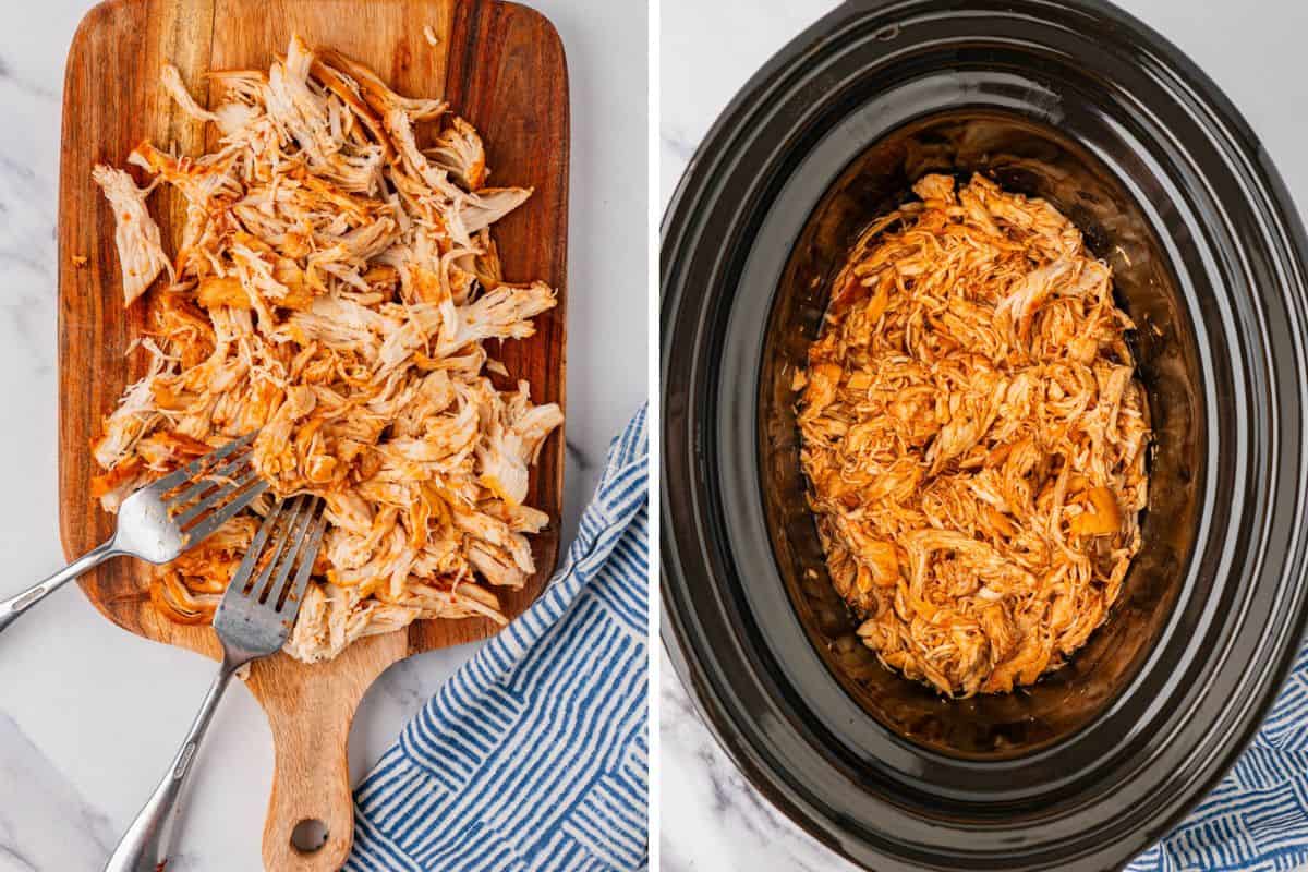 Collage of photos: Left: Shredded chicken in a wooden board with forks. Right: Shredded chicken in a crockpot. 