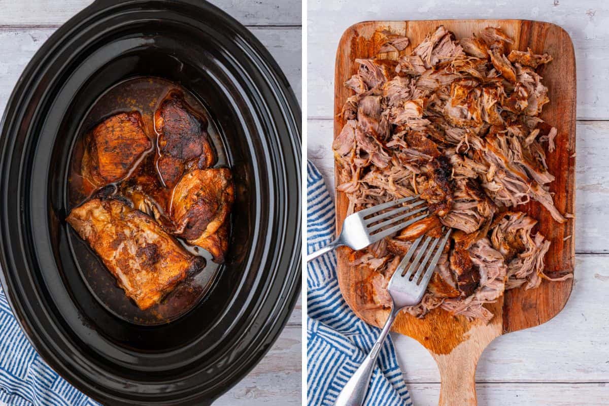 Collage Photos: Left: Pork Shoulder in a crockpot. Right: Shredded meat on a wooden board with two forks. 