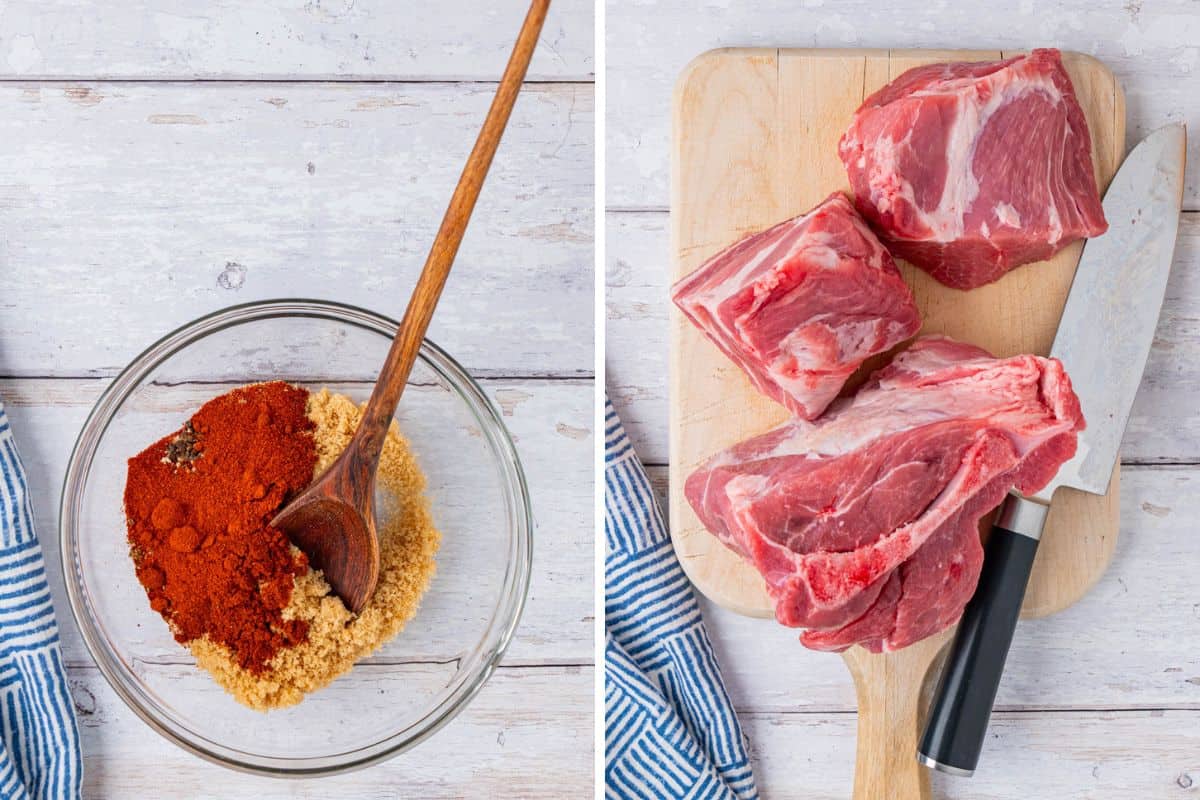 Collage Photos: Left: A clear bowl of spices and sugar. Right: Pork Shoulder cut into three parts on a wooden board.  