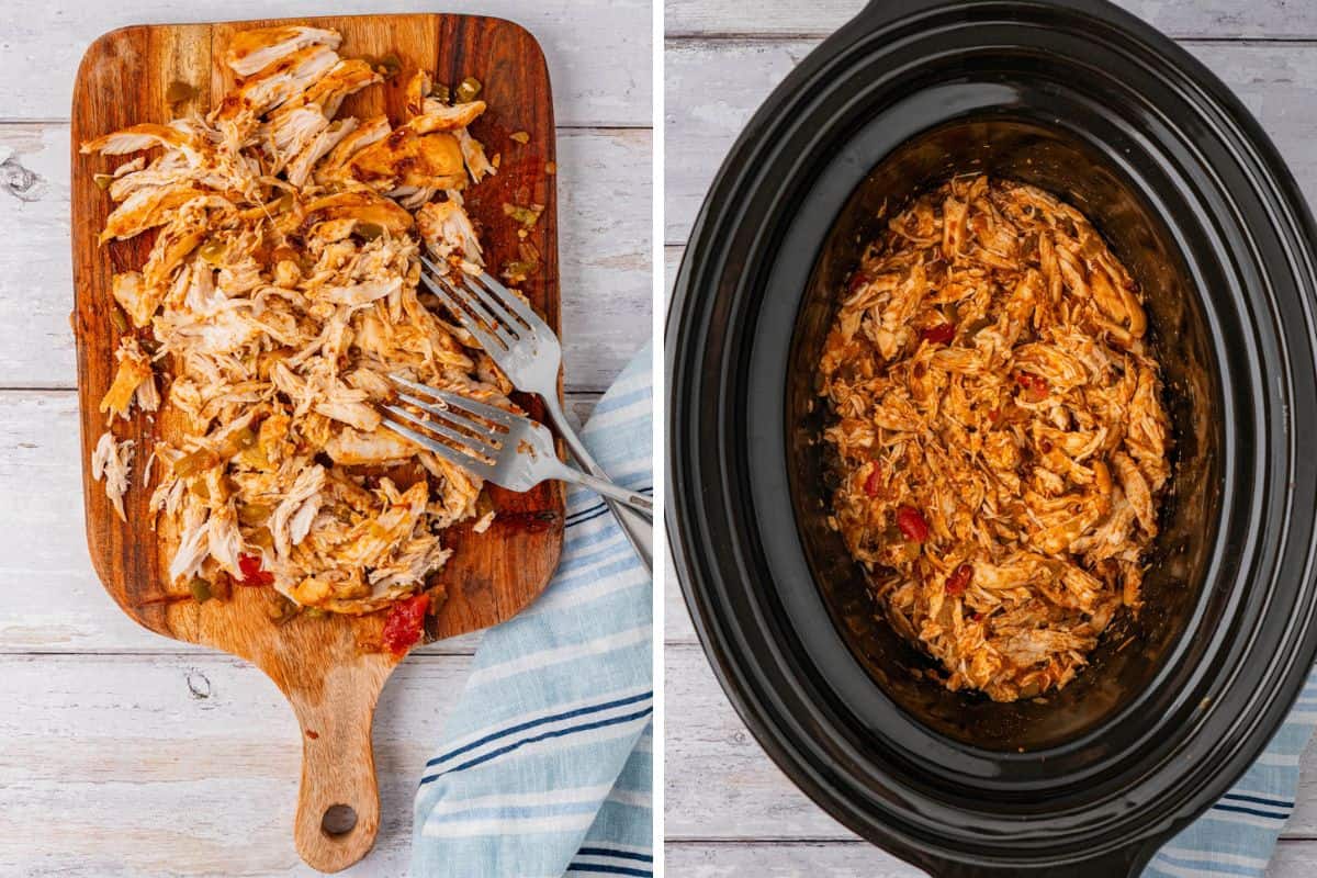 Collage photo: Left: Shredded chicken breasts lay down on a wooden board with forks. Right: shredded chicken in a crockpot.