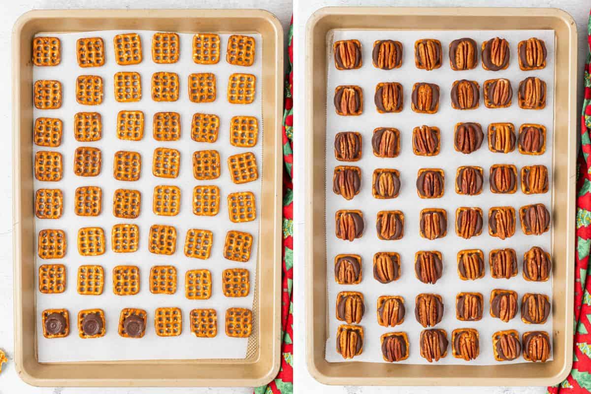 arranged pretzels on a baking tray and completely assembled Rolo Pretzel turtle