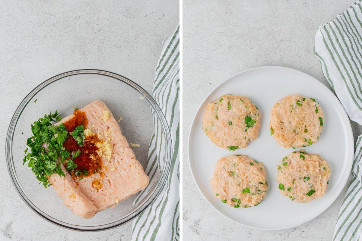 Collage Photo. Left: Ground Chicken mixed with spices in a clear bowl. Right: Four pieces of chicken patties resting on a plate. 