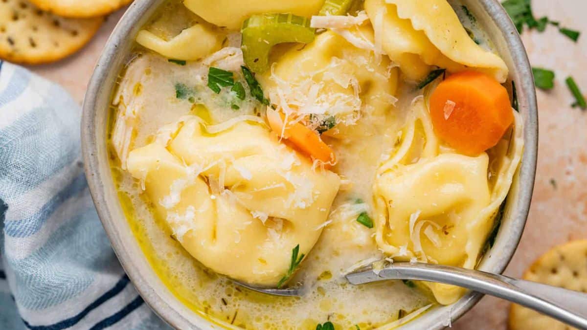 A serving of Chicken Tortellini Soup.