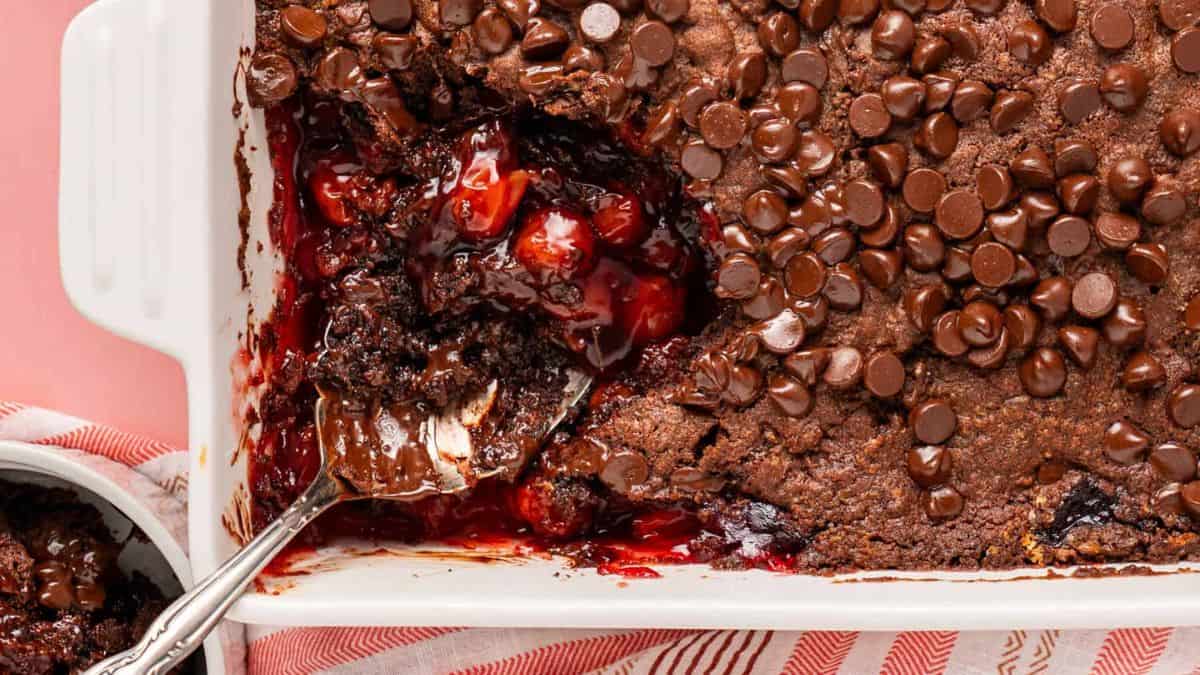 Chocolate Cherry Dump Cake in a baking dish. 