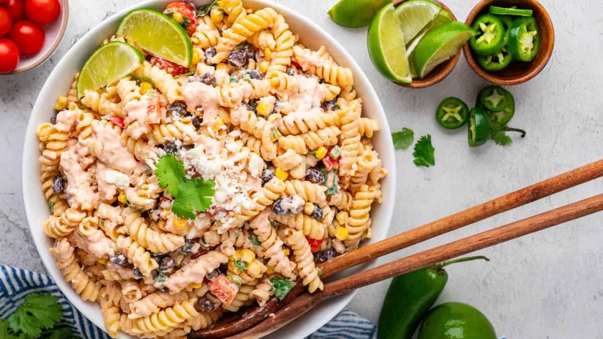 A bowl of Cold Southwest Pasta Salad With Creamy Dressing.