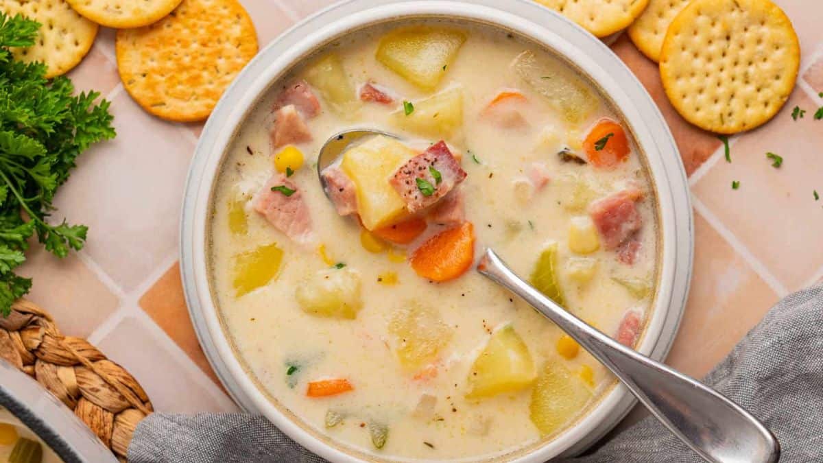 A serving of Creamy Ham And Potato Soup.