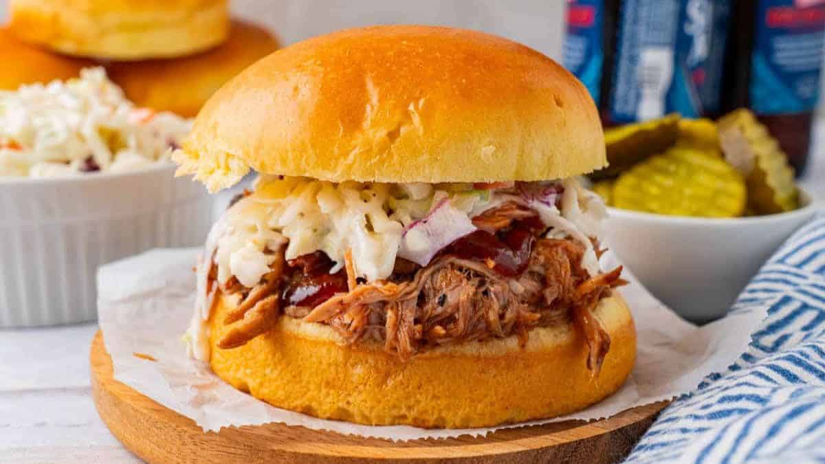 A serving of Crockpot BBQ Pulled Pork sandwich. 