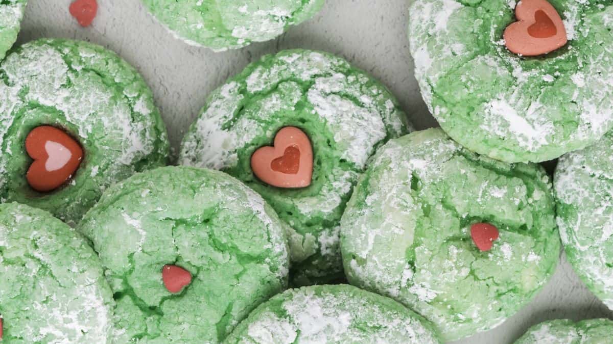A couple of pieces of Grinch Cake Mix Cookies. 