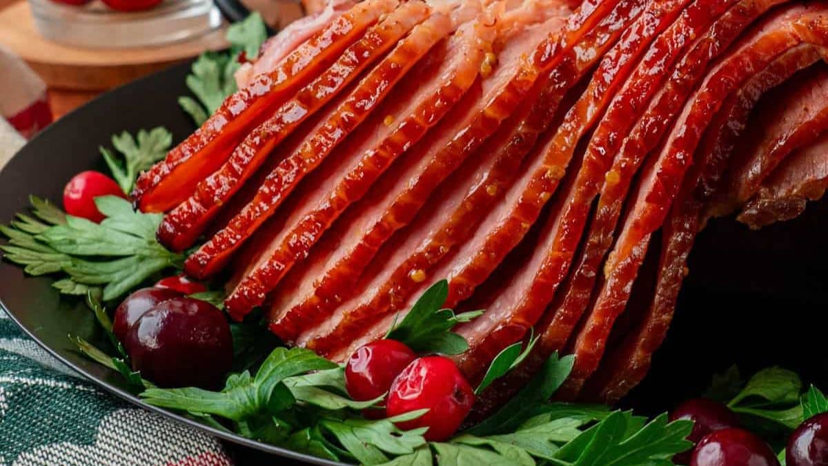 Honey Bourbon Glazed Ham served on a platter.