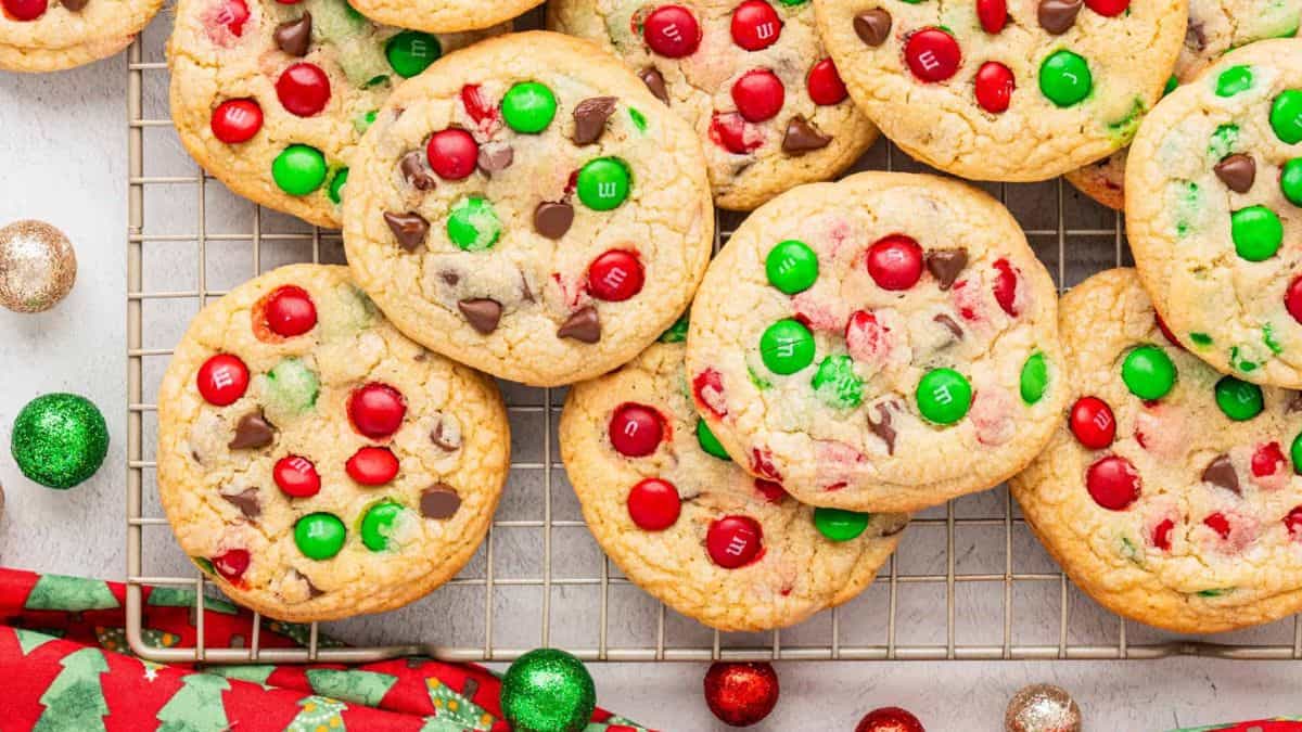 A couple of pieces of M&M Christmas Cookies.