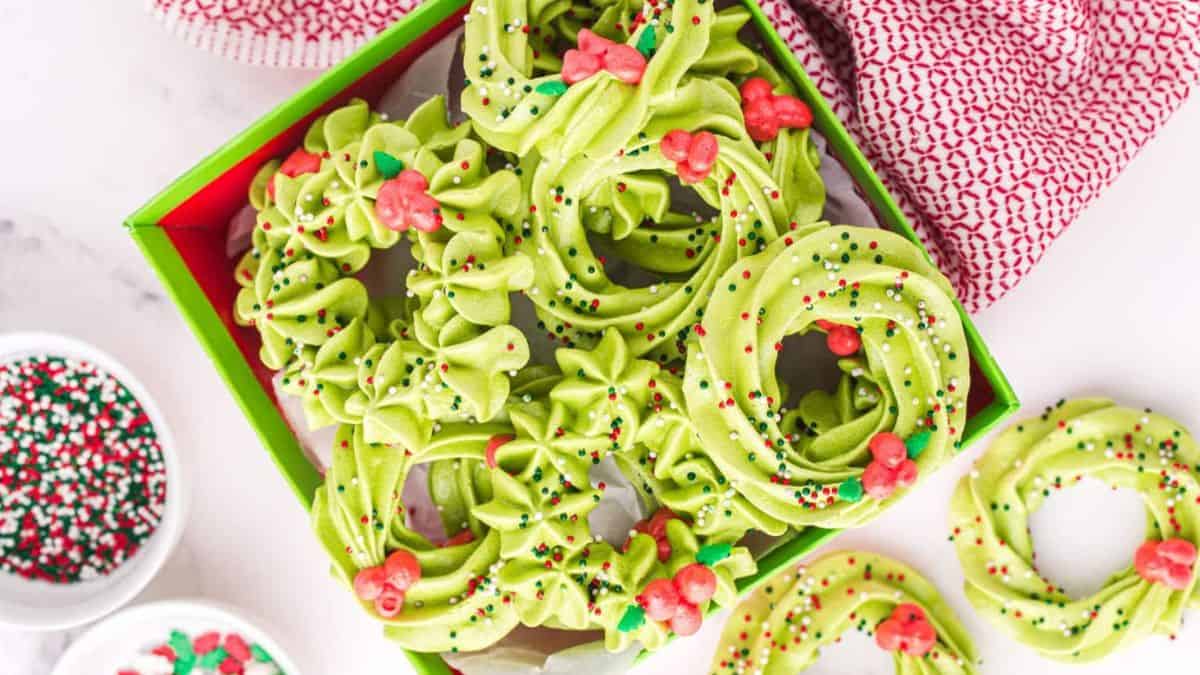A box full of Meringue Wreath Cookies. 