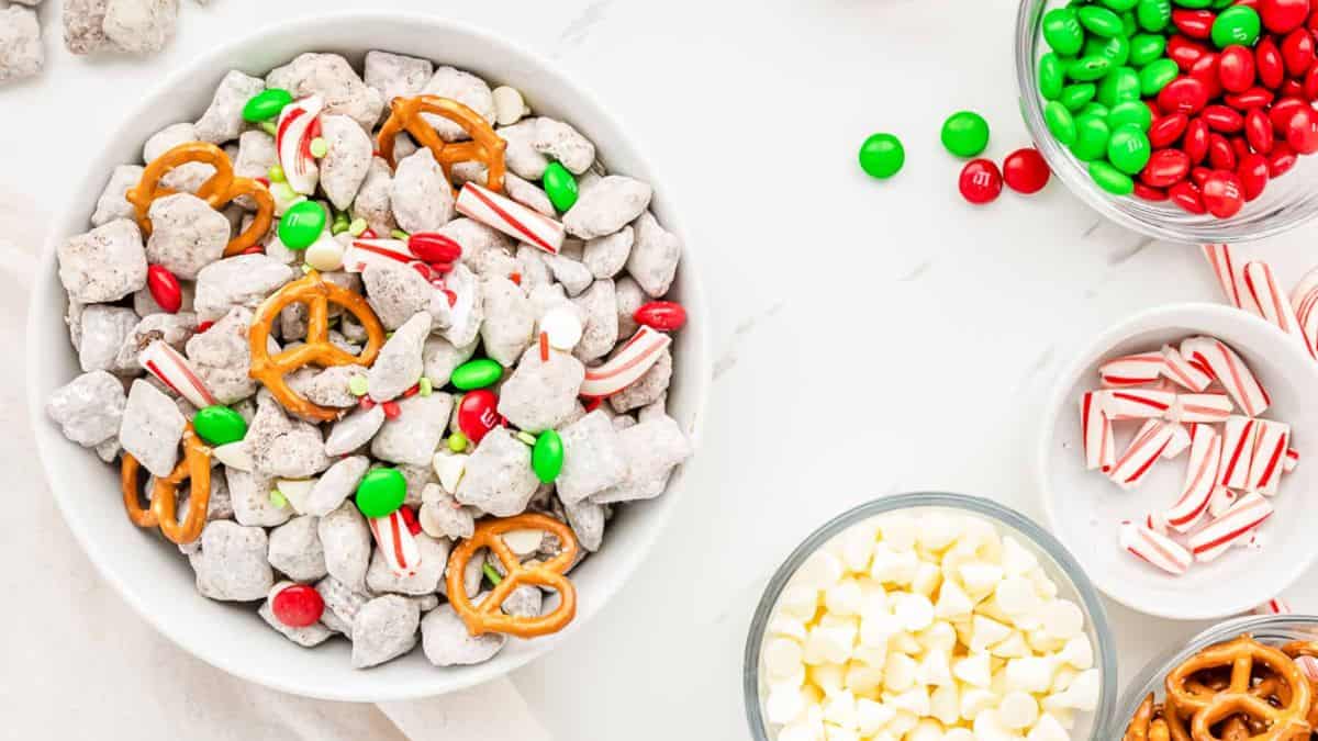 A bowl of Reindeer Chow Chex Mix (Christmas Puppy Chow!).