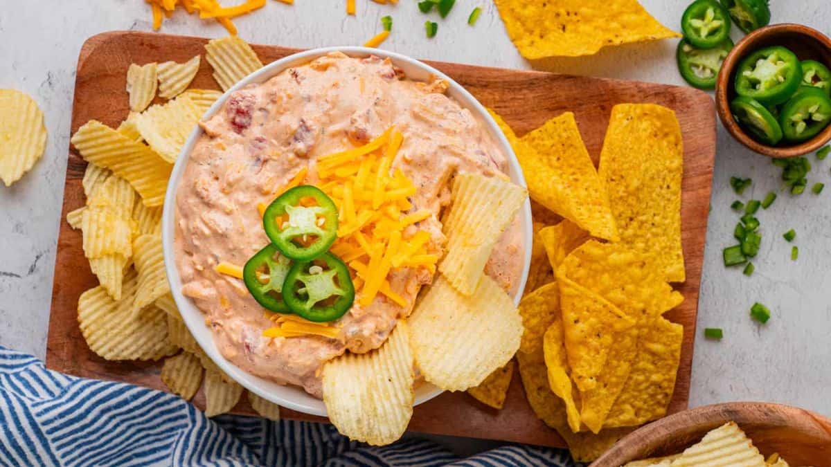 Viral TikTok Boat Dip served with potato and corn chips. 