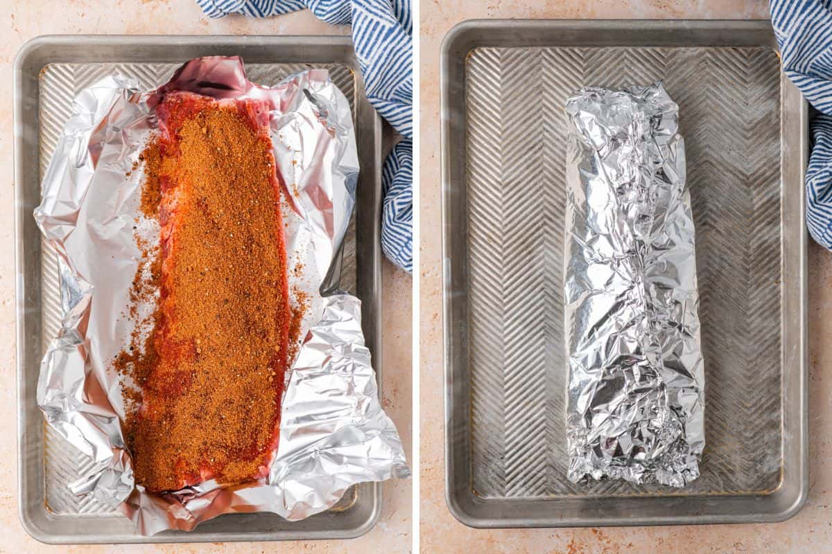 Collage photo. Left: Baby back ribs with the spices with aluminum foil on the sides. Right: Fully enclosed baby back ribs, sitting on a baking dish.  