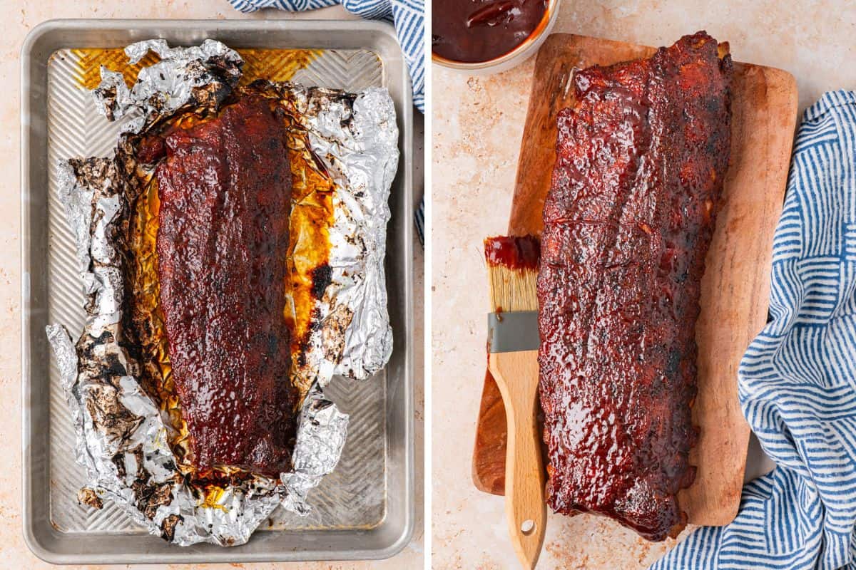 Collage Photo. Left: Baby back ribs after baking. Right: baby back ribs sitting on a wooden serving board. 