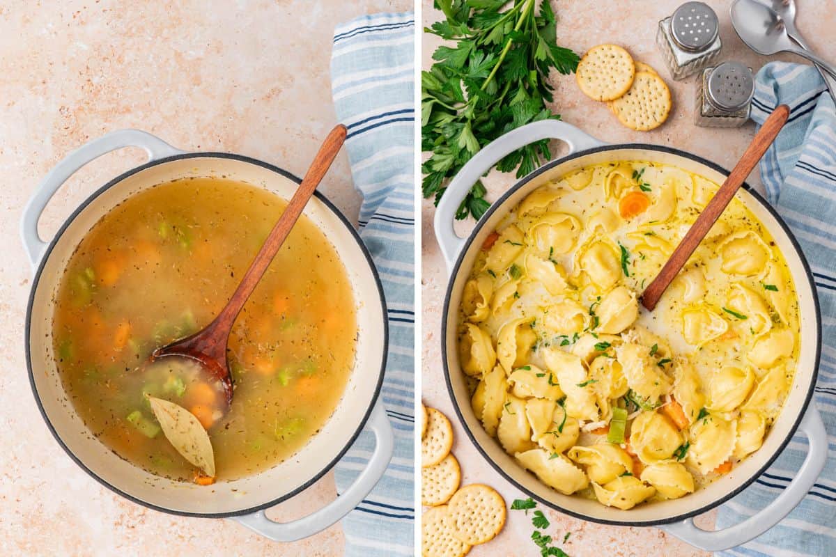 Collage Photo. Left: A pot filled with broth. Right: Chicken Tortellini Soup in a pot.