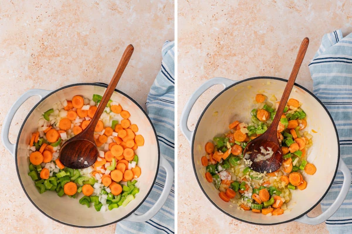 Collage Photo. Left: Chopped Carrots, and celery sauteed in a pot with a wooden spoon. Right: A pot mixed using a wooden spoon.
