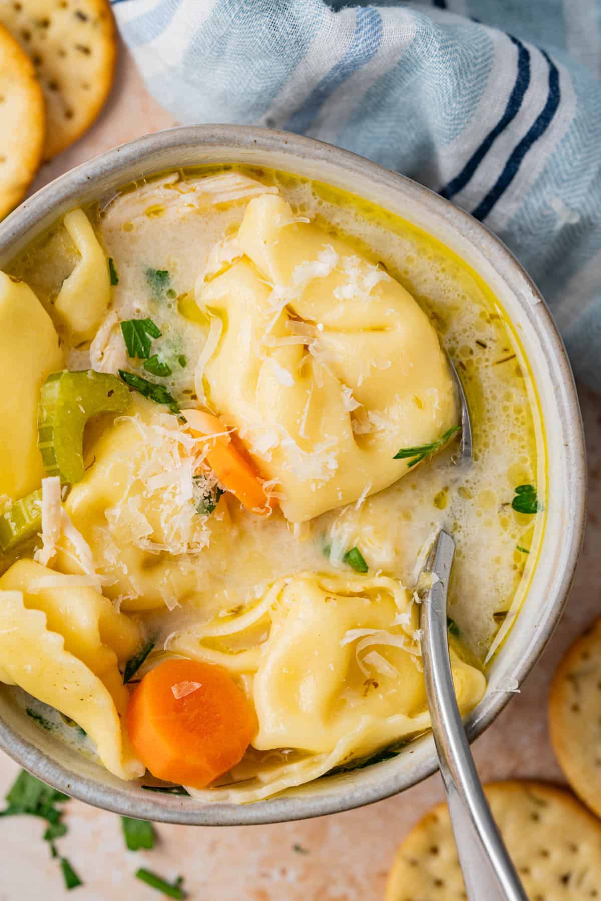 Top shot of a bowl of Chicken Tortellini Soup.