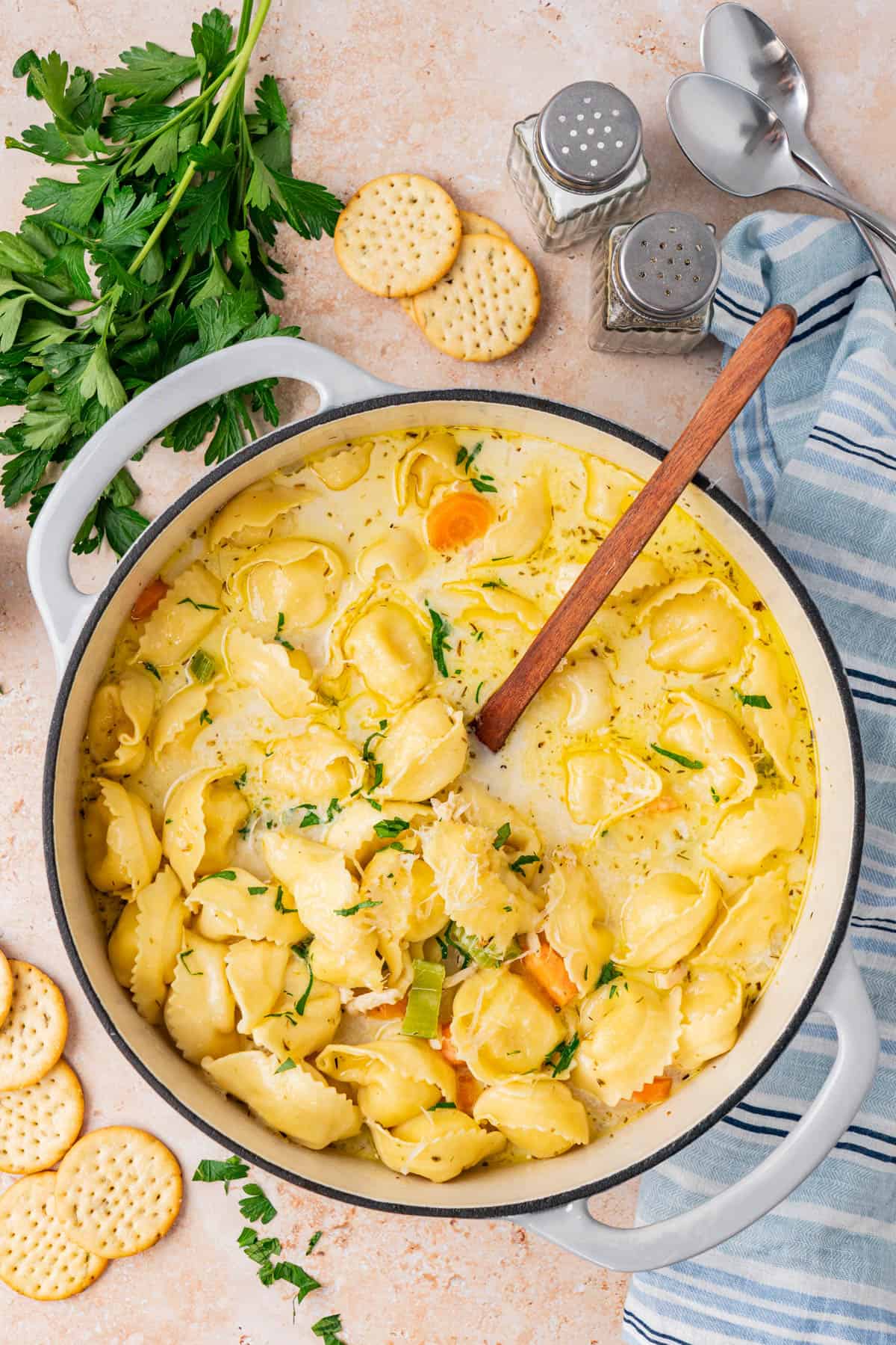 A pot filled with Chicken Tortellini Soup