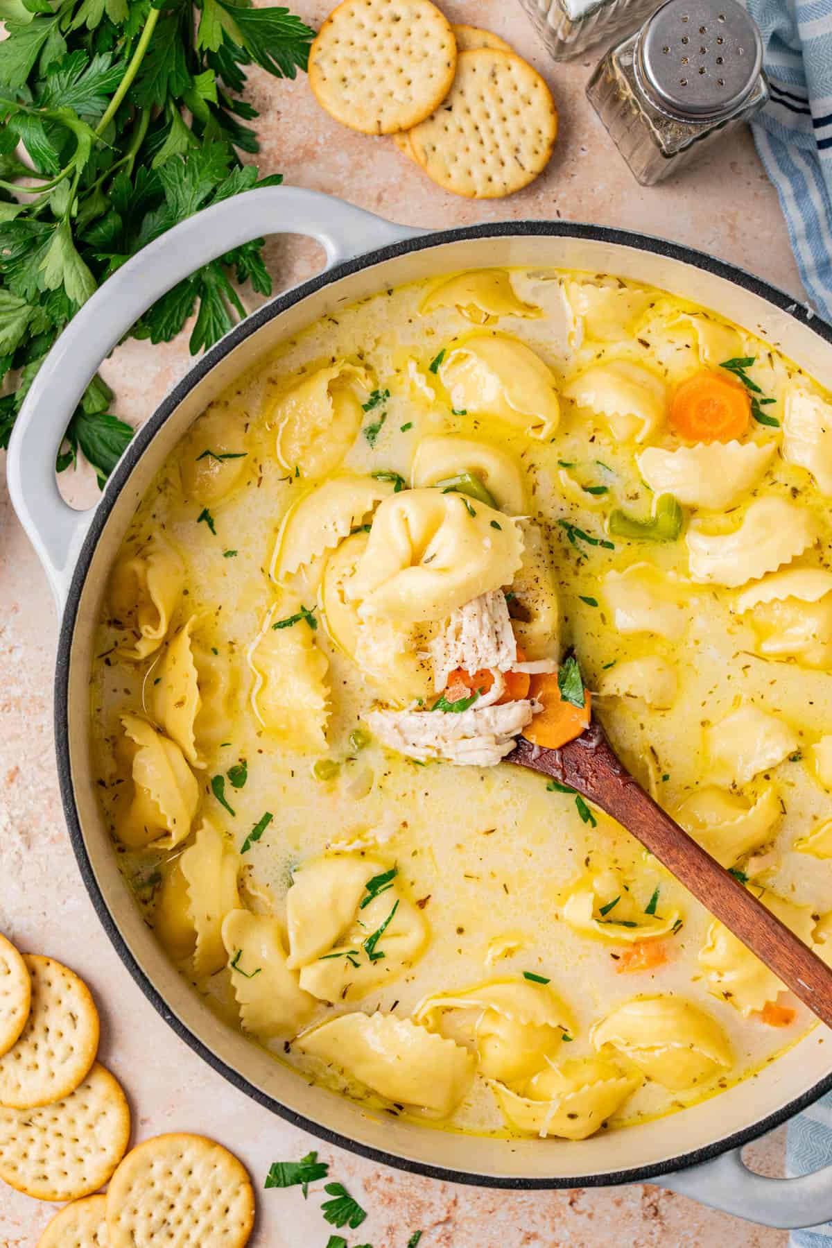 A pot filled with Chicken Tortellini Soup
