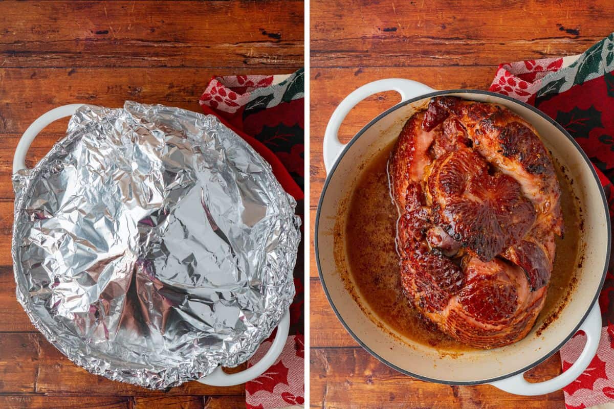 Collage Photo. Left: A pot covered with aluminum foil. Right: A completely cooked spiral cut ham on the pot.
