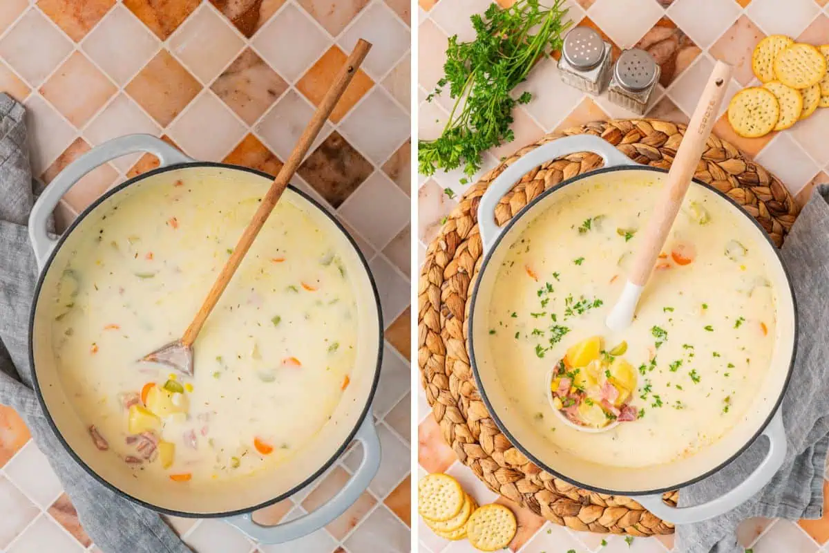 Photo Collage. Left: A pot filled with Creamy Ham And Potato Soup. Right: completely cooked Creamy Ham And Potato Soup on a pot with parsley and a ladle.