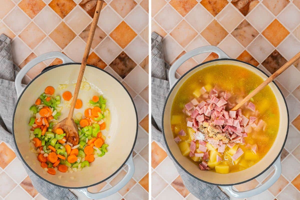 Collage photo. Left: A pot with the carrots, celery are sautéed in. Right: A pot filled with broth and all the ingredients such as ham and cheese.