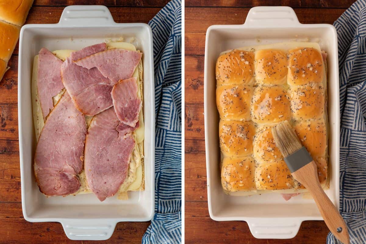 Collage Photo. Left: the ham was layered over the spread mixture. Right: put on the other half of the Hawaiian rolls brushed with butter mixture and leaving the brush on top of the rolls.