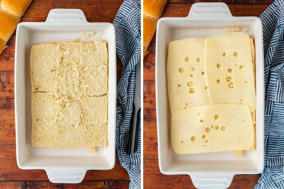 Collage Photo. Left: sliced Hawaiian rolls bottom part sitting on a casserole. Right: sliced Hawaiian rolls with cheese on top.