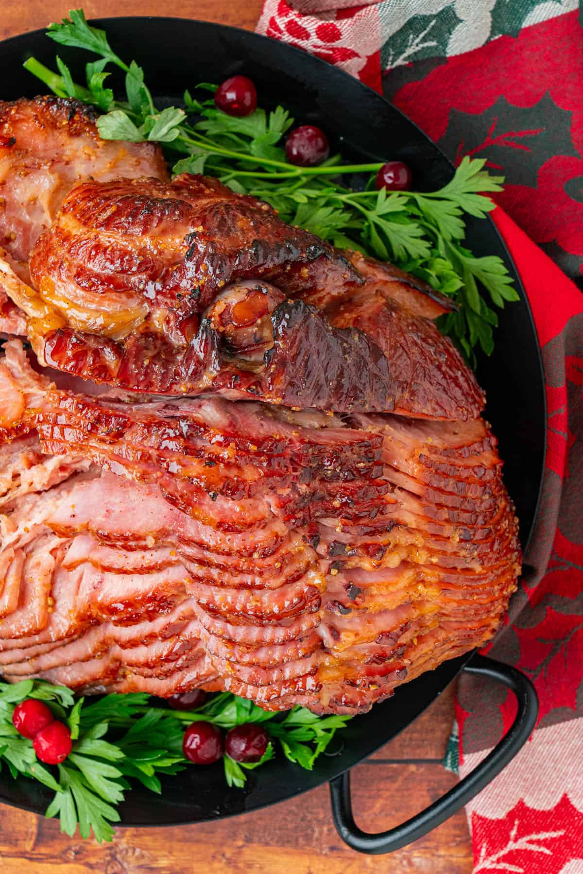 Honey Bourbon Glazed Ham on a serving bowl.